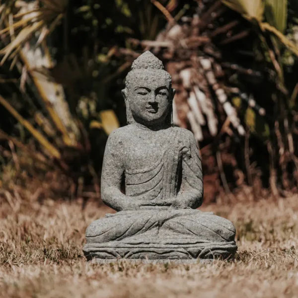 Statue de jardin bouddha méditation, extérieur, en pierre volcanique 45cm