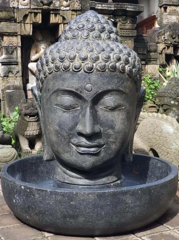 Fontaine de jardin tête de bouddha avec bassin rond noir antique 75cm – Image 3