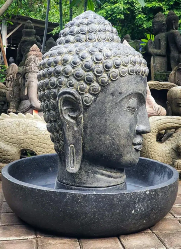 Fontaine de jardin tête de bouddha avec bassin rond noir antique 75cm – Image 4