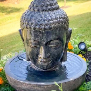 Fontaine de jardin tête de bouddha avec bassin rond noir antique 75cm
