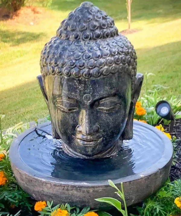 Fontaine de jardin tête de bouddha avec bassin rond noir antique 75cm