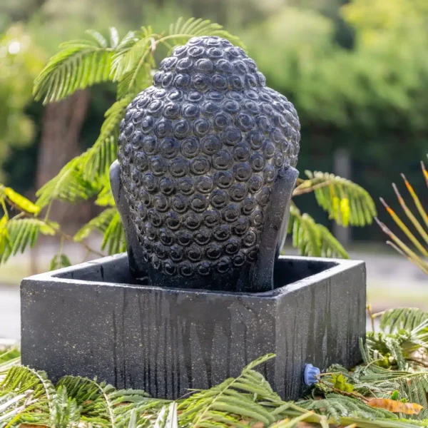 Fontaine de jardin tête de bouddha avec bassin carré noir antique 50cm – Image 3