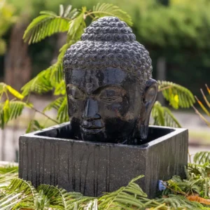 Fontaine de jardin tête de bouddha avec bassin carré noir antique 50cm