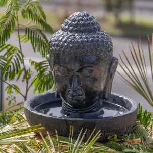 Fontaine de jardin tête de bouddha avec bassin rond noir antique 50cm