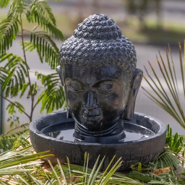Fontaine de jardin tête de bouddha avec bassin rond noir antique 50cm