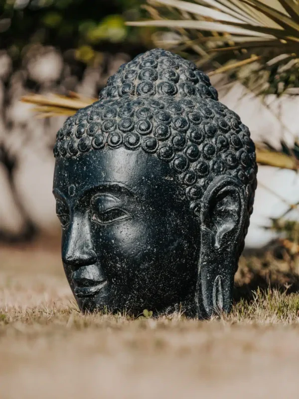 Statue de jardin tête de Bouddha noir antique 35 cm – Image 3