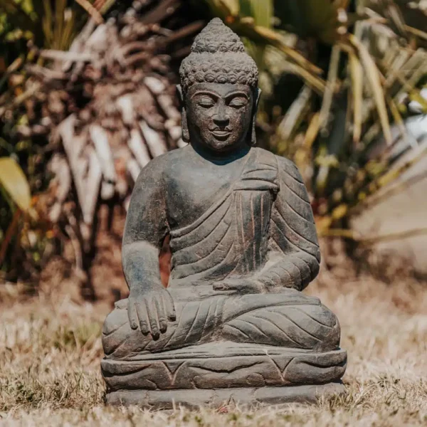 Statue bouddha assis noir en pierre naturelle pour jardin extérieur – 50cm noir antique