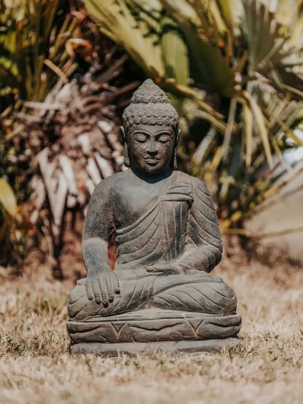 Statue bouddha assis noir en pierre naturelle pour jardin extérieur – 50cm noir antique – Image 2
