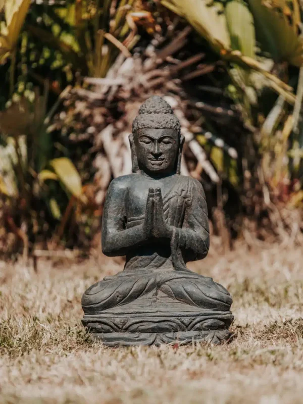 Statue de jardin Bouddha assis extérieur en pierre naturelle noir 45cm – Image 2