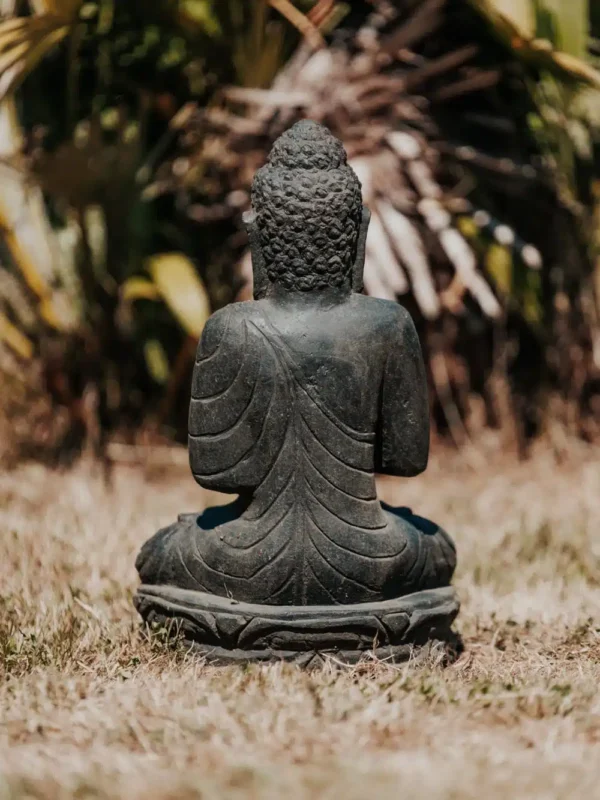 Statue de jardin Bouddha assis extérieur en pierre naturelle noir 45cm – Image 3