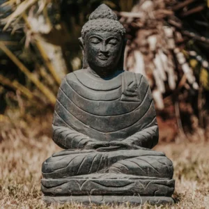 Statue de jardin Bouddha assis extérieur en pierre naturelle noir antique 50 cm