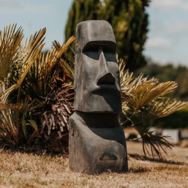 Statue de jardin ile de pâques MOAI extérieur en pierre volcanique naturelle noir antique 100cm – Image 4
