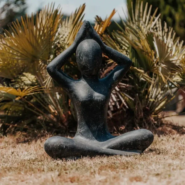 Statue de Jardin Extérieur Yoga Position Sukhasana Main sur la Tête Noir Antique 80cm