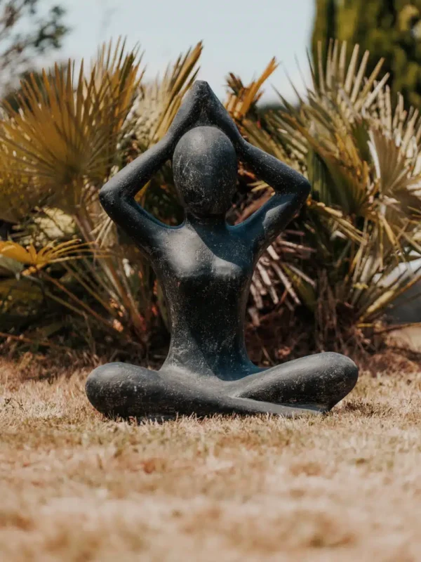 Statue de Jardin Extérieur Yoga Position Sukhasana Main sur la Tête Noir Antique 80cm – Image 2