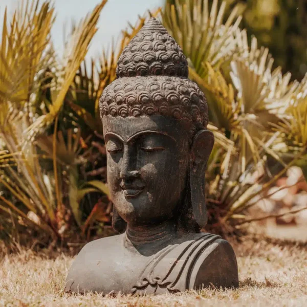 Statue de jardin buste de Bouddha extérieur en pierre volcanique naturelle noir antique 80 cm