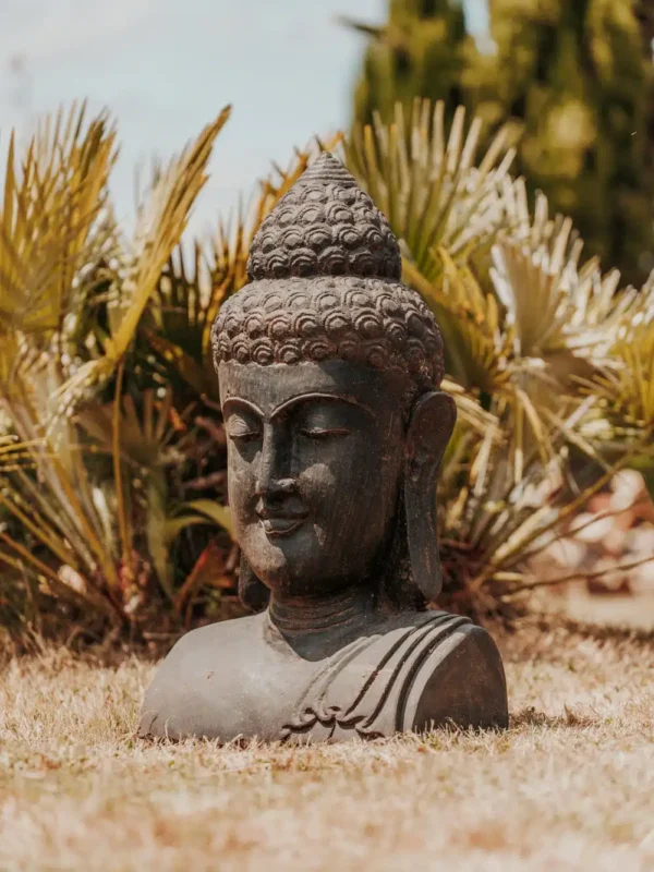 Statue de jardin buste de Bouddha extérieur en pierre volcanique naturelle noir antique 80 cm – Image 2