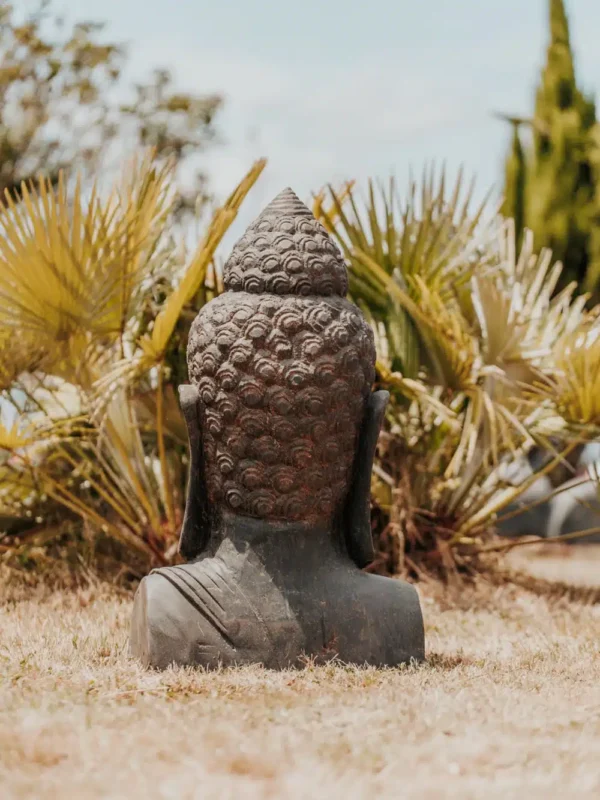 Statue de jardin buste de Bouddha extérieur en pierre volcanique naturelle noir antique 80 cm – Image 3
