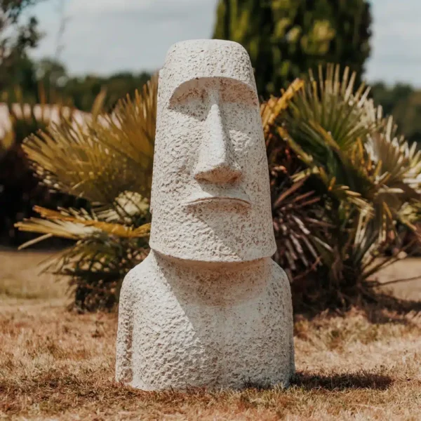 Statue de jardin extérieur île de pâques MOAI en pierre volcanique, 100 cm – Visage blanc antique