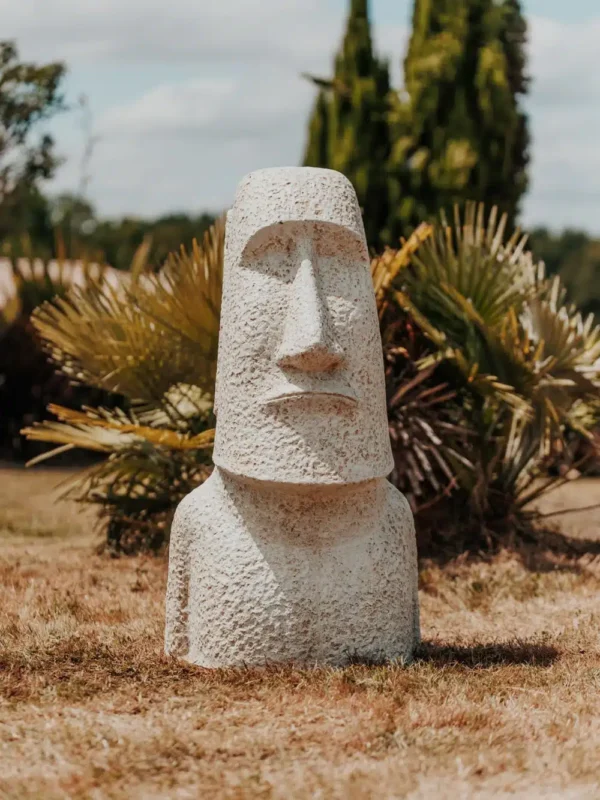 Statue de jardin extérieur île de pâques MOAI en pierre volcanique, 100 cm – Visage blanc antique – Image 2