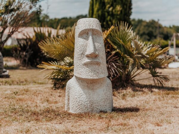 Statue de jardin extérieur île de pâques MOAI en pierre volcanique, 100 cm – Visage blanc antique – Image 3