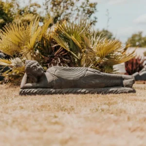 Statue Bouddha couché jardin extérieur en pierre naturelle noir antique 120cm