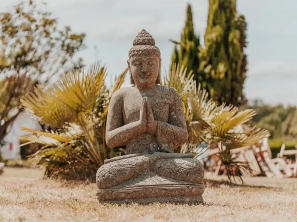 Statue Bouddha assis jardin en pierre volcanique naturelle 100 cm – Image 5