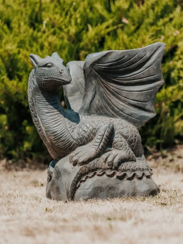 Statue de jardin dragon en pierre naturelle noir 70cm – Image 2
