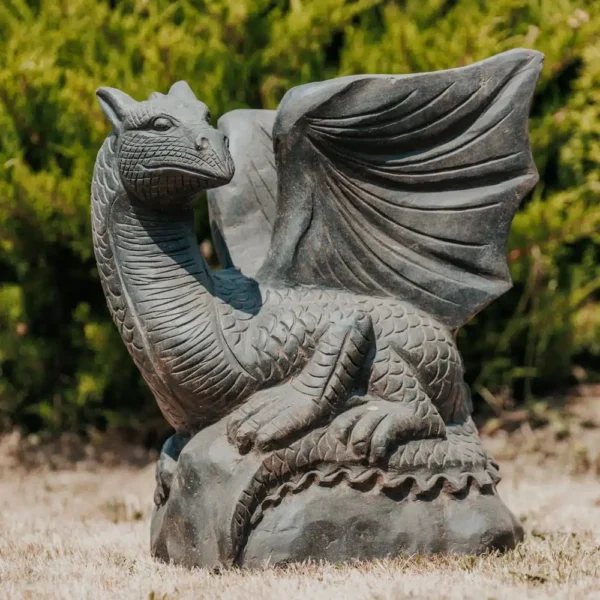 Statue de jardin dragon en pierre naturelle noir 70cm