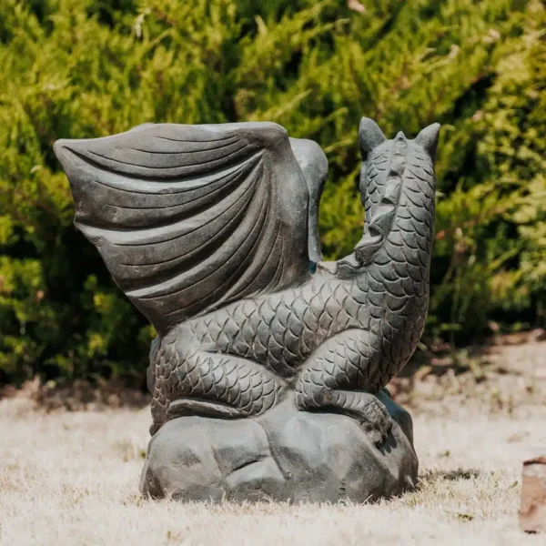 Statue de jardin dragon en pierre naturelle noir 70cm – Image 3