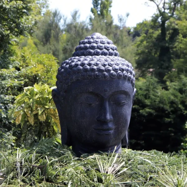 Statue de jardin fontaine tête visage de Bouddha noir antique 100cm