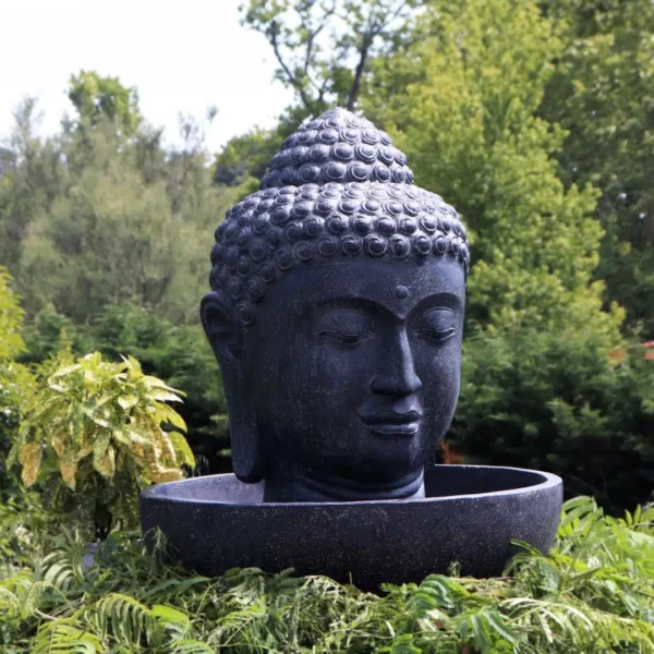 Fontaine de jardin tête de bouddha avec bassin rond noir antique 100cm