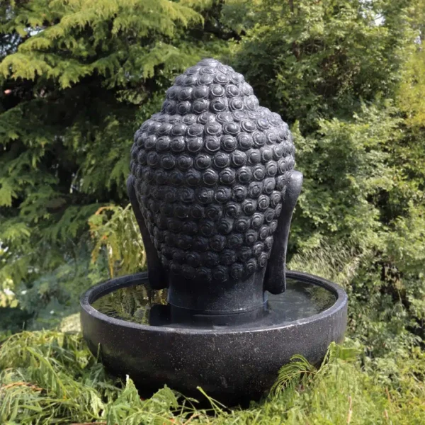 Fontaine de jardin tête de bouddha avec bassin rond noir antique 100cm – Image 2