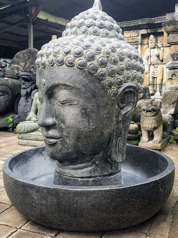 Fontaine de jardin tête de bouddha avec bassin rond noir antique 100cm – Image 5