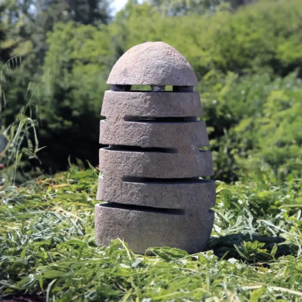Lampe Lanterne de Jardin Galet Strié en Pierre de Rivière Naturelle 45cm