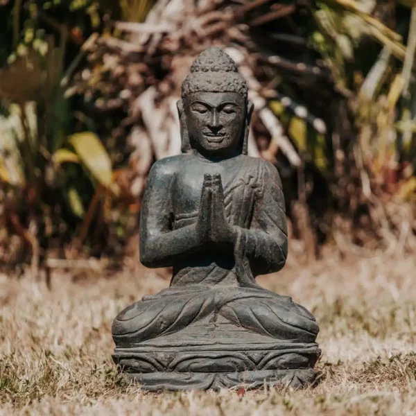Statue de jardin Bouddha assis extérieur en pierre naturelle noir 45cm