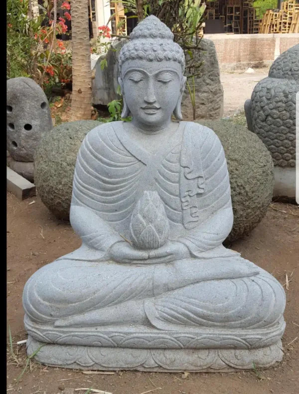 Statue bouddha assis fleur de lotus extérieur 82 cm en pierre volcanique