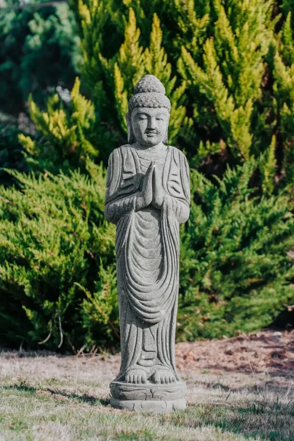 Bouddha debout position de remerciement Namaste en pierre naturelle 150cm – Image 2