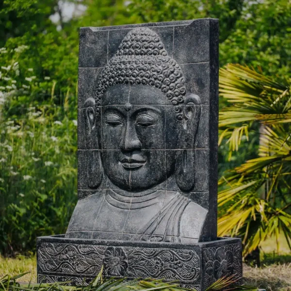 Fontaine de jardin mur d’eau visage de bouddha 145cm avec bassin noir antique – Image 3