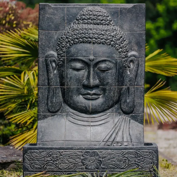 Fontaine de jardin mur d’eau visage de bouddha 145cm avec bassin noir antique – Image 4