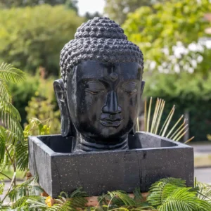 Fontaine de jardin tête de bouddha avec bassin carré noir antique 75cm