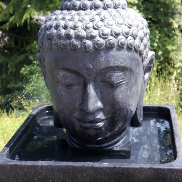 Fontaine de jardin tête de bouddha avec bassin carré noir antique 100cm