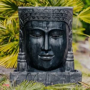 Fontaine Tête Visage de Bouddha Khmer avec bassin Noir Antique 100cm