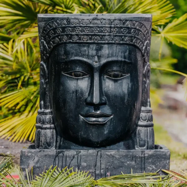 Fontaine Tête Visage de Bouddha Khmer avec bassin Noir Antique 100cm