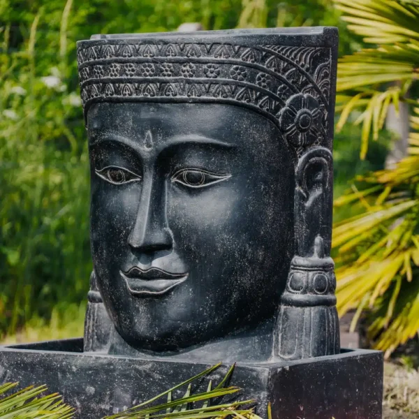 Fontaine Tête Visage de Bouddha Khmer avec bassin Noir Antique 100cm – Image 3