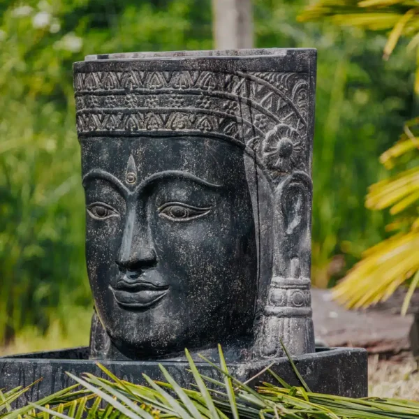 Mur d’eau Fontaine Tête Visage de Bouddha Khmer Noir Antique avec Bassin 75cm – Image 3