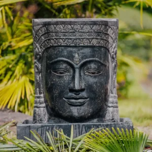 Mur d’eau Fontaine Tête Visage de Bouddha Khmer Noir Antique avec Bassin 75cm