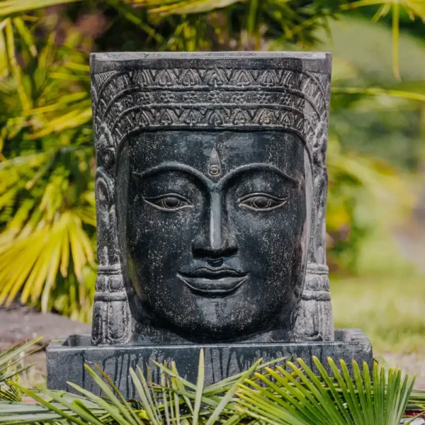 Mur d’eau Fontaine Tête Visage de Bouddha Khmer Noir Antique avec Bassin 75cm