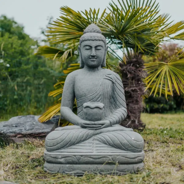 Statue Bouddha assis avec bol à offrandes extérieur en pierre naturelle 100 cm – Image 3