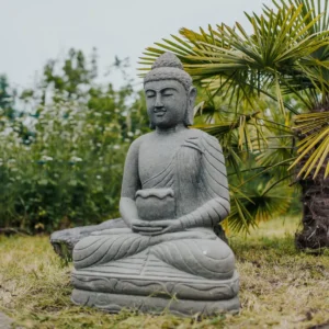 Statue Bouddha assis avec bol à offrandes extérieur en pierre naturelle 100 cm