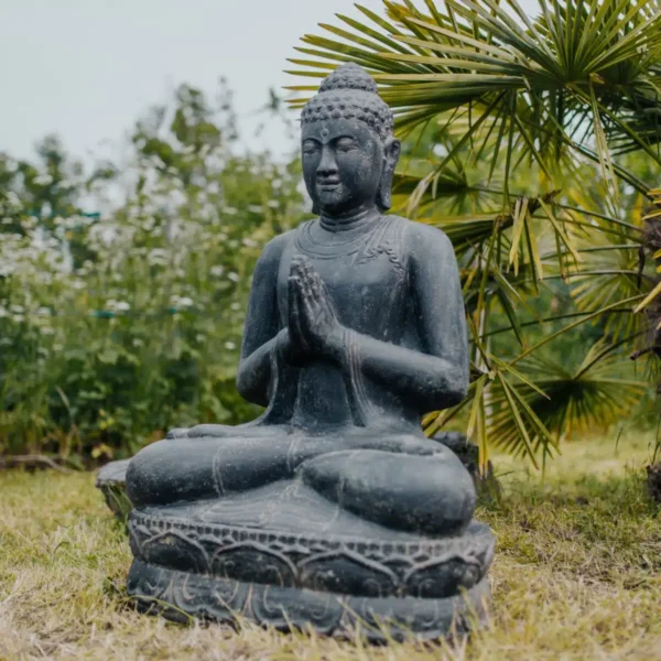 Statue bouddha assis namaste noir antique 100cm pour jardin extérieur – Image 3